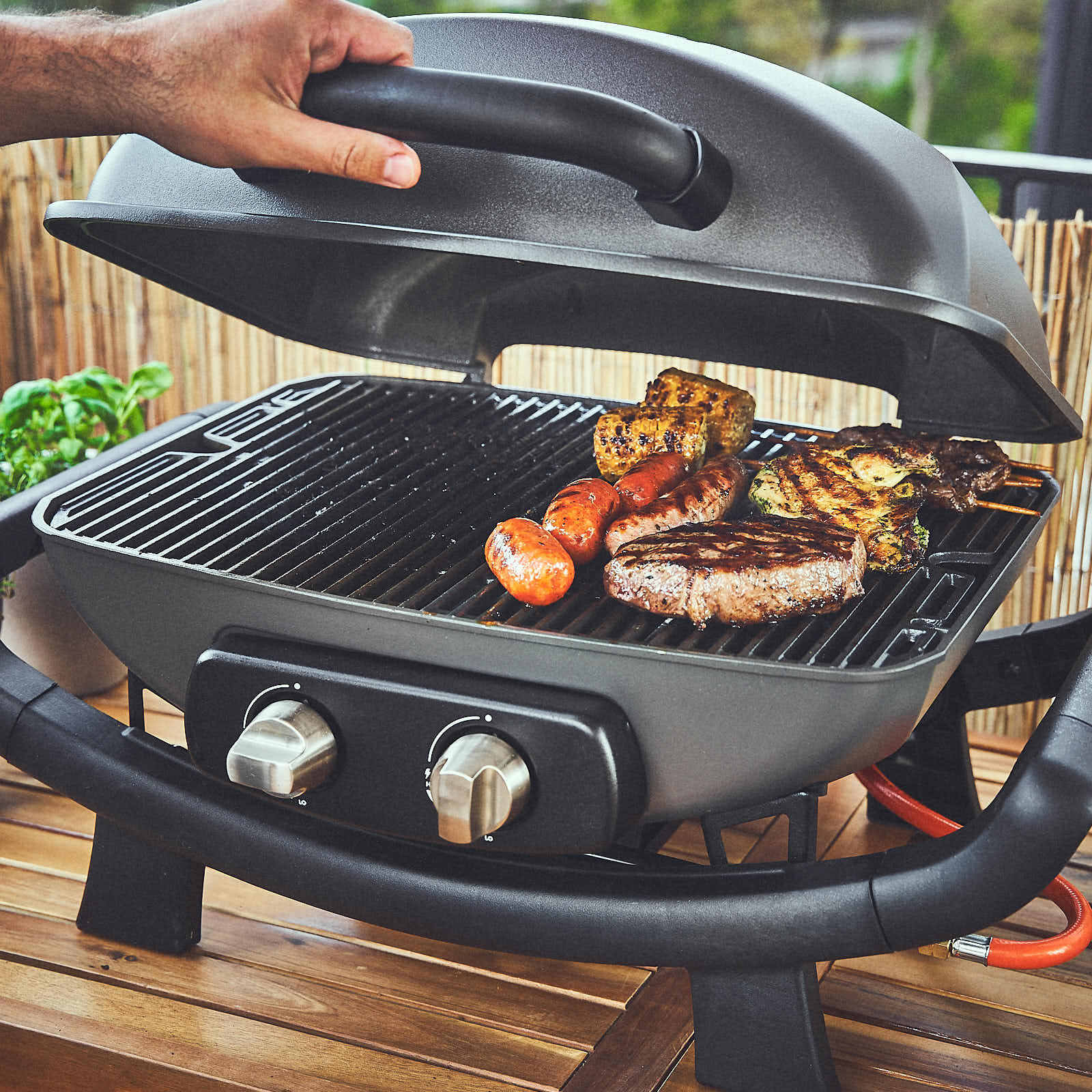 Image 35780388946235 Szene WAYNE Balkongrill Grillzonen-Grillen mit Fleisch und Gemüse