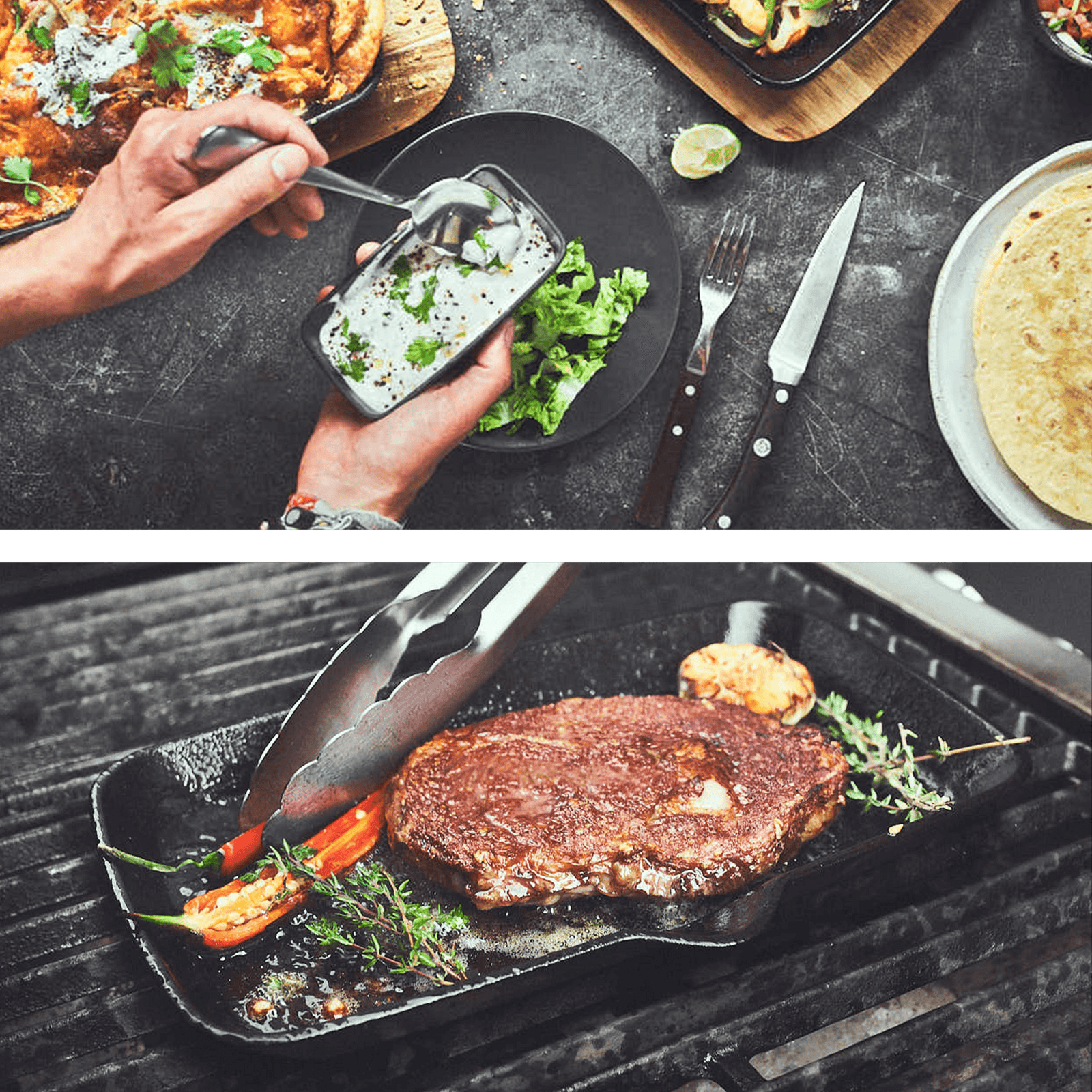 Collage Fleisch wird in Fajita Pfanne auf Grill angebraten und Dip aus der Dipschale gelöffelt Collage Fleisch wird in Fajita Pfanne auf Grill angebraten und Dip aus der Dipschale gelöffelt