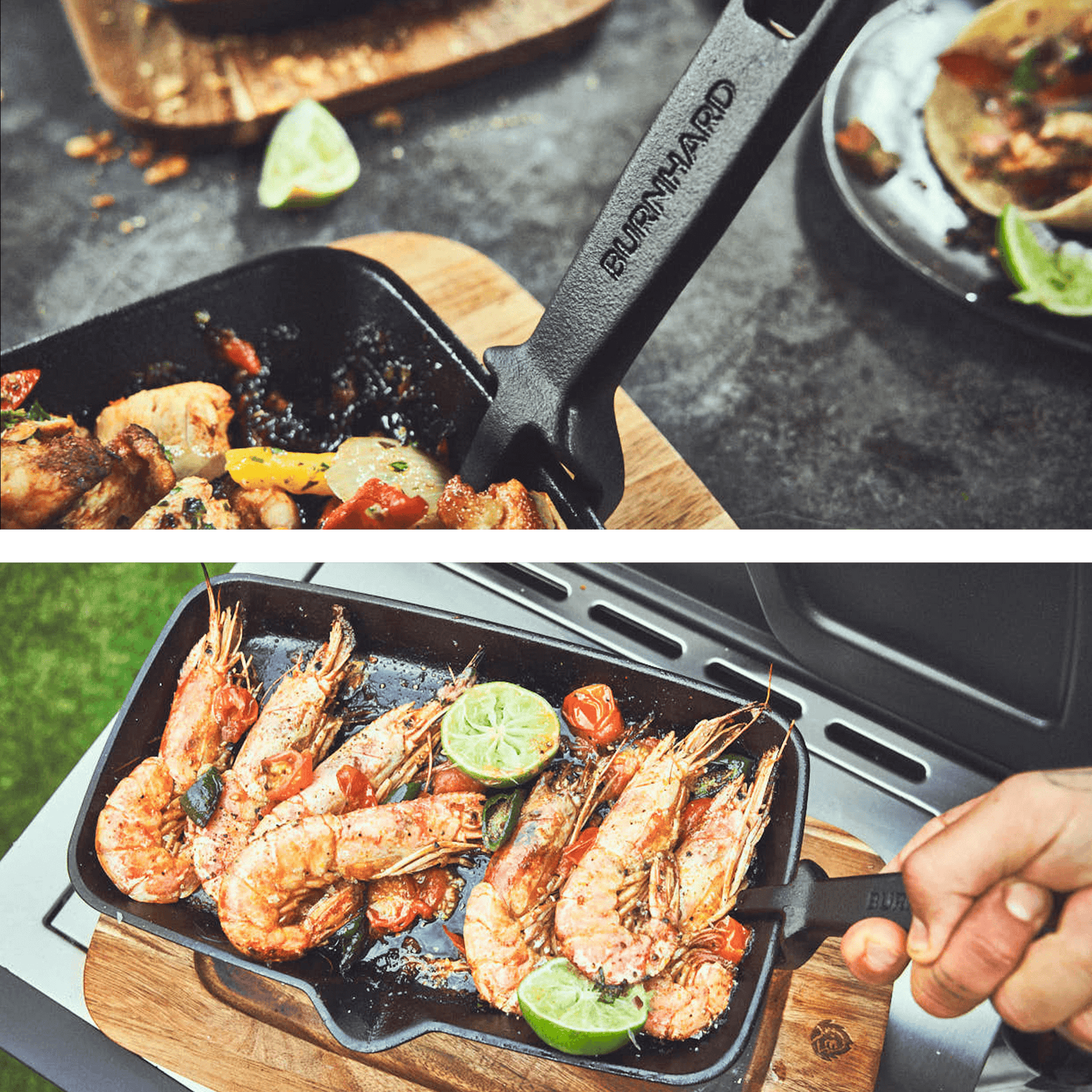 Collage Fisch und Gemüse werden in Fajita Pfanne auf Grill angebraten und am Tisch serviert Collage Fisch und Gemüse werden in Fajita Pfanne auf Grill angebraten und am Tisch serviert
