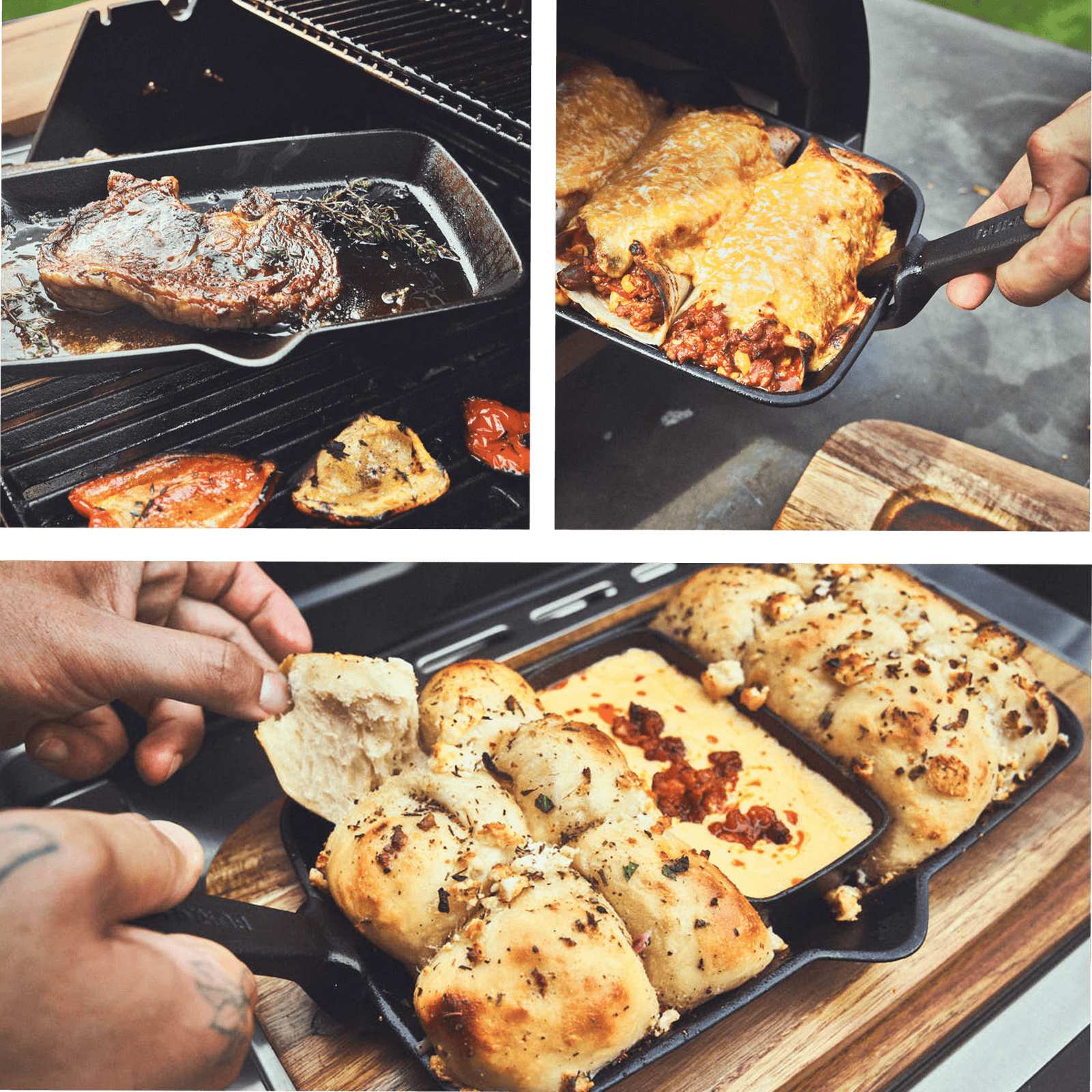 Collage Essenszubereitung und Servieren in der Fajita Pfanne Collage Essenszubereitung und Servieren in der Fajita Pfanne