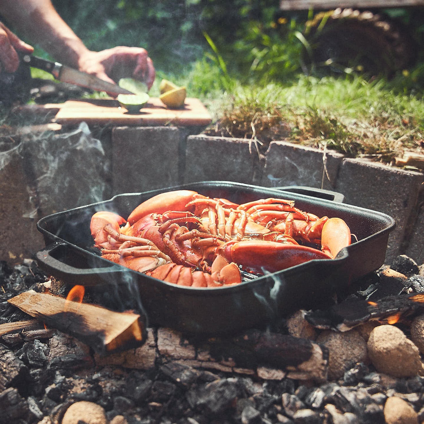 Hummer werden in Grillpfanne auf Holzscheiten im Lagerfeuer gegart Hummer werden in Grillpfanne auf Holzscheiten im Lagerfeuer gegart