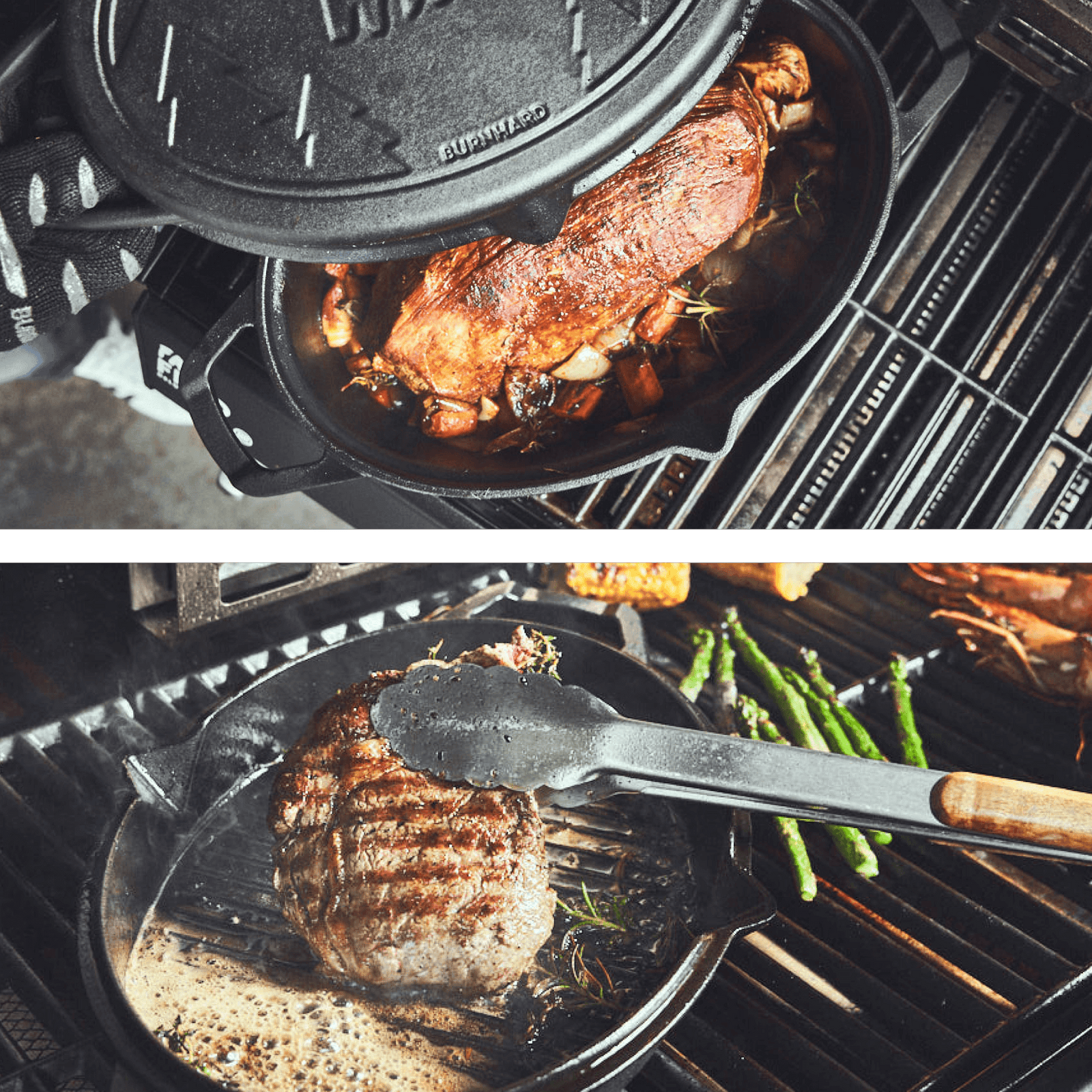 Grillszene Gerichte werden im Gusseisenbräter mit Frittierkorb auf dem Grill zubereitet Grillszene Gerichte werden im Gusseisenbräter mit Frittierkorb auf dem Grill zubereitet