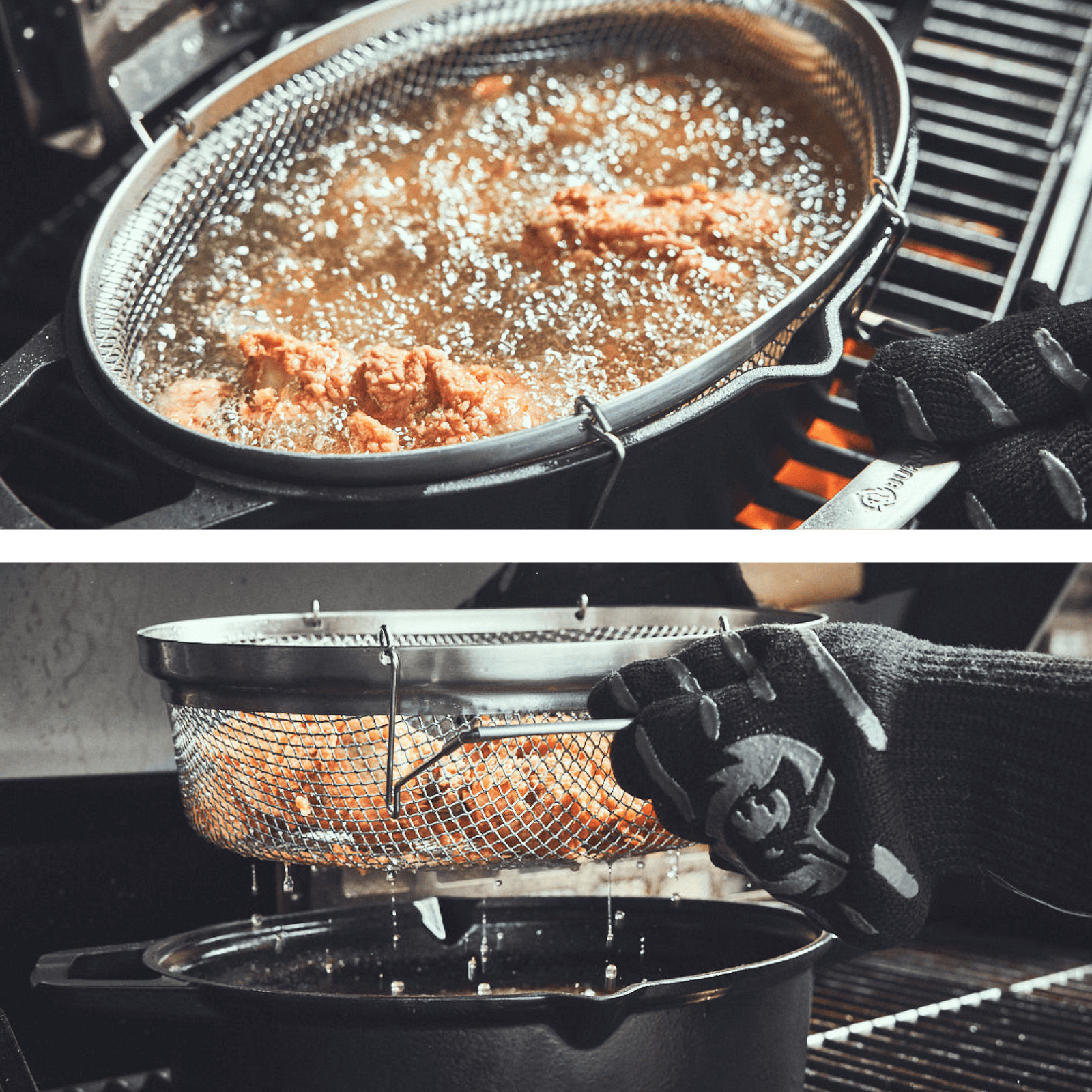 Grillszene Gerichte werden im Gusseisenbräter mit Frittierkorb auf dem Grill zubereitet Grillszene Gerichte werden im Gusseisenbräter mit Frittierkorb auf dem Grill zubereitet