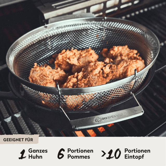 Gusseisenbräter mit Frittierkorb auf Grill geeignet für 1 ganzes Huhn, 6 Portionen Pommes oder über 10 Portionen Eintopf Gusseisenbräter mit Frittierkorb auf Grill geeignet für 1 ganzes Huhn, 6 Portionen Pommes oder über 10 Portionen Eintopf