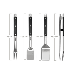 Image 37257801498939 Grillbesteck Edelstahl Set 4-tlg. Oberansicht mit Maßen vor weißem Hintergrund