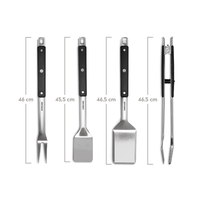 Grillbesteck Edelstahl Set 4-tlg. Oberansicht mit Maßen vor weißem Hintergrund Grillbesteck Edelstahl Set 4-tlg. Oberansicht mit Maßen vor weißem Hintergrund