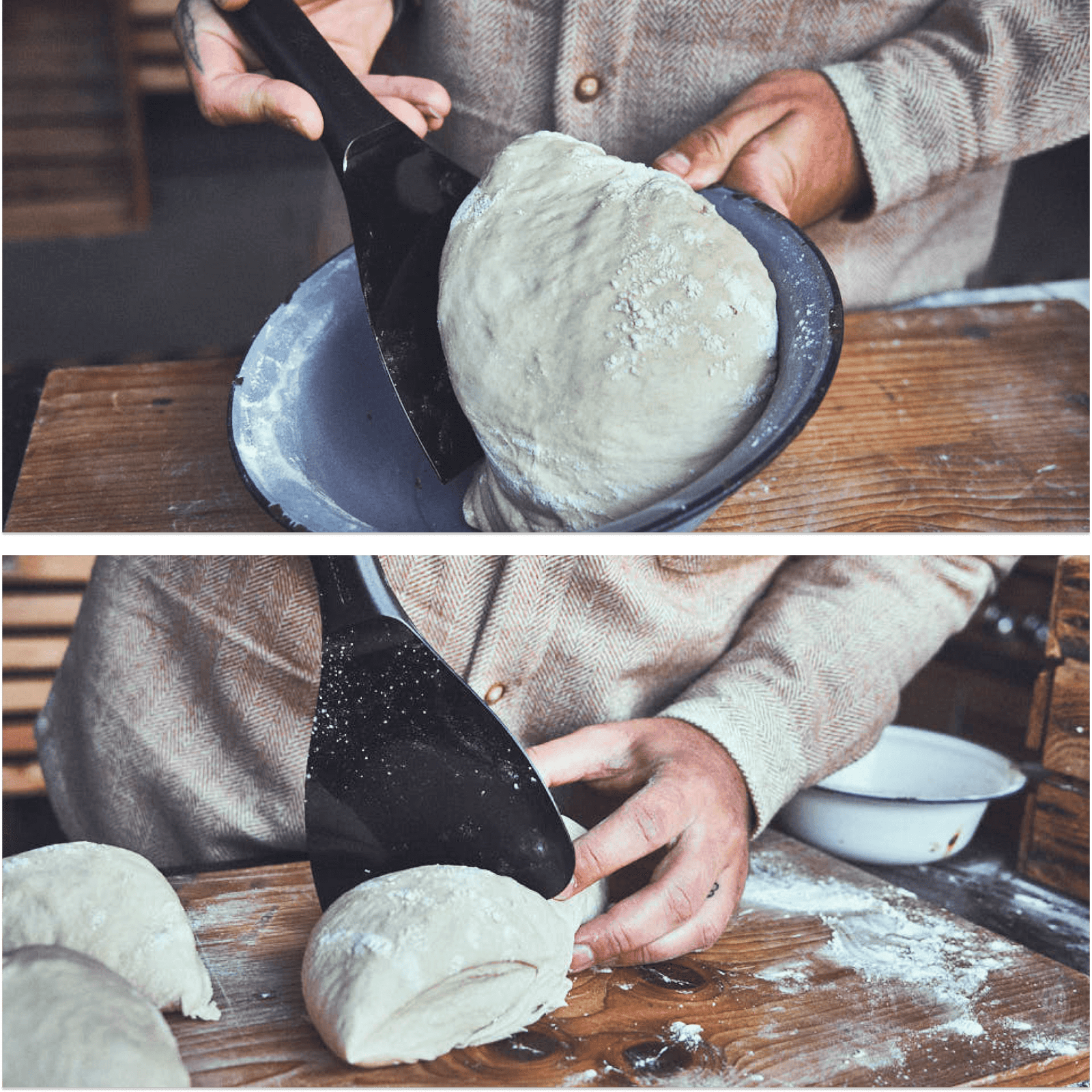 Backstubenszene Pizzateig wird aus Schüssel entnommen und mit der Kante vom Teigspachtel zerteilt Backstubenszene Pizzateig wird aus Schüssel entnommen und mit der Kante vom Teigspachtel zerteilt