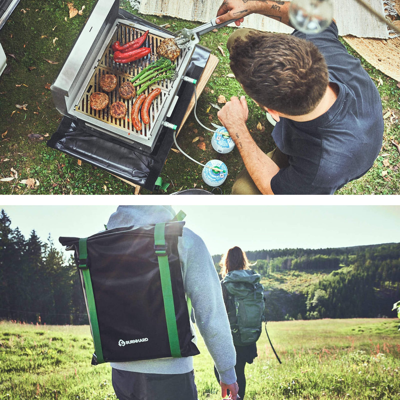 Collagen Grillen und mit in Tasche verstautem JONES in der Natur unterwegs Collagen Grillen und mit in Tasche verstautem JONES in der Natur unterwegs