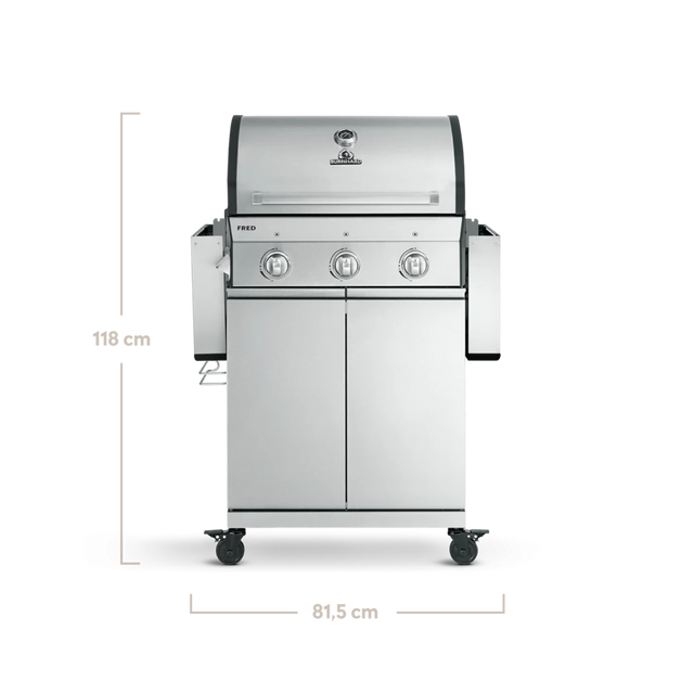 FRED Gasgrill 3-Brenner Basic frontal mit eingeklappten Seitentischen und Maßen FRED Gasgrill 3-Brenner Basic frontal mit eingeklappten Seitentischen und Maßen