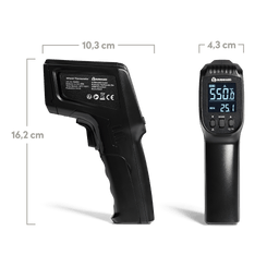 Image 39596558549307 946406, Infrarot-Thermometer frontal und seitlich mit Bemaßung vor weißem Hintergrund