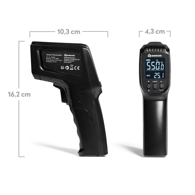 946406, Infrarot-Thermometer frontal und seitlich mit Bemaßung vor weißem Hintergrund 946406, Infrarot-Thermometer frontal und seitlich mit Bemaßung vor weißem Hintergrund