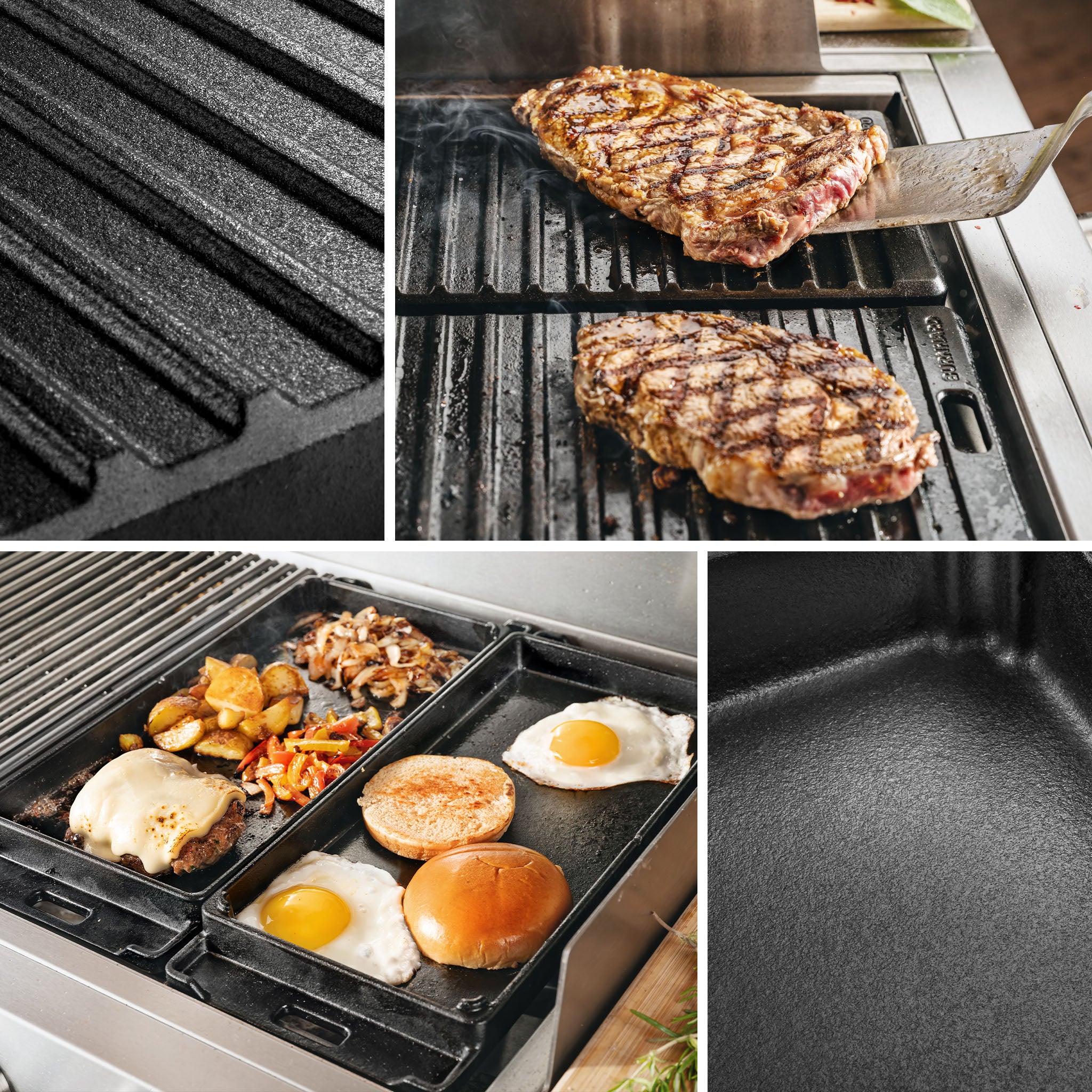 Collage Grillplatte mit Detail geriffelte Seite zum Braten von Steaks und glatter Seite für Spiegeleier, Patties und mehr Collage Grillplatte mit Detail geriffelte Seite zum Braten von Steaks und glatter Seite für Spiegeleier, Patties und mehr