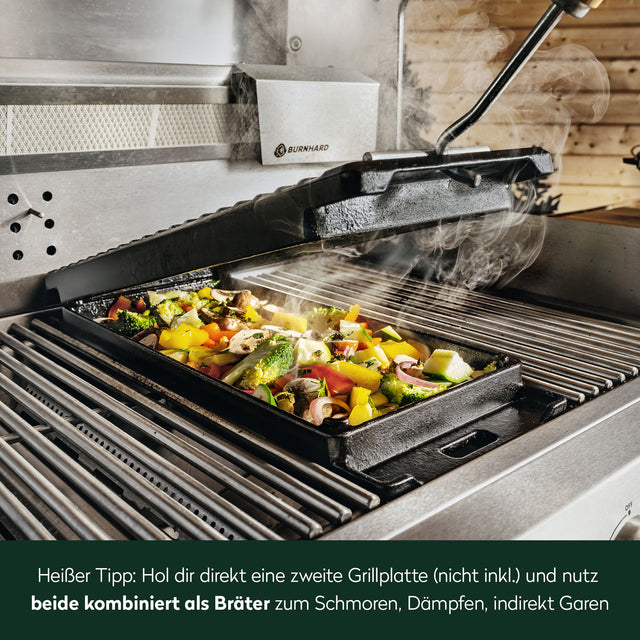 Praktische Zusatzfunktion mit einer zweiten Grillplatte als Bräter zum Schmoren, Dampfen und indirekt Garen mit Gusseisen Grillplatte 2-in-1 für modularen Gasgrill GRANT  Praktische Zusatzfunktion mit einer zweiten Grillplatte als Bräter zum Schmoren, Dampfen und indirekt Garen mit Gusseisen Grillplatte 2-in-1 für modularen Gasgrill GRANT