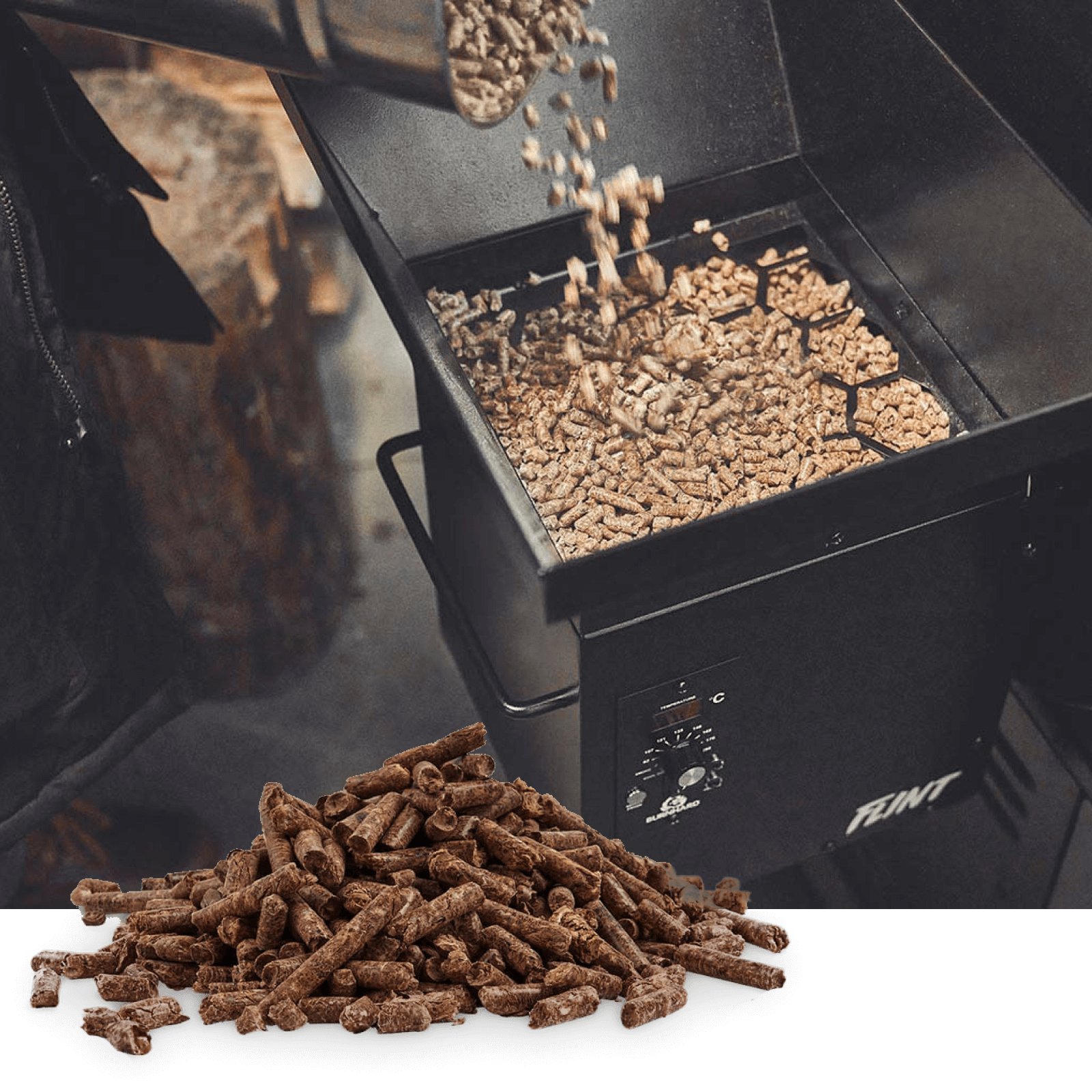 Pelletkammer des Smokers wird mit Hartholzpellets befüllt Pelletkammer des Smokers wird mit Hartholzpellets befüllt