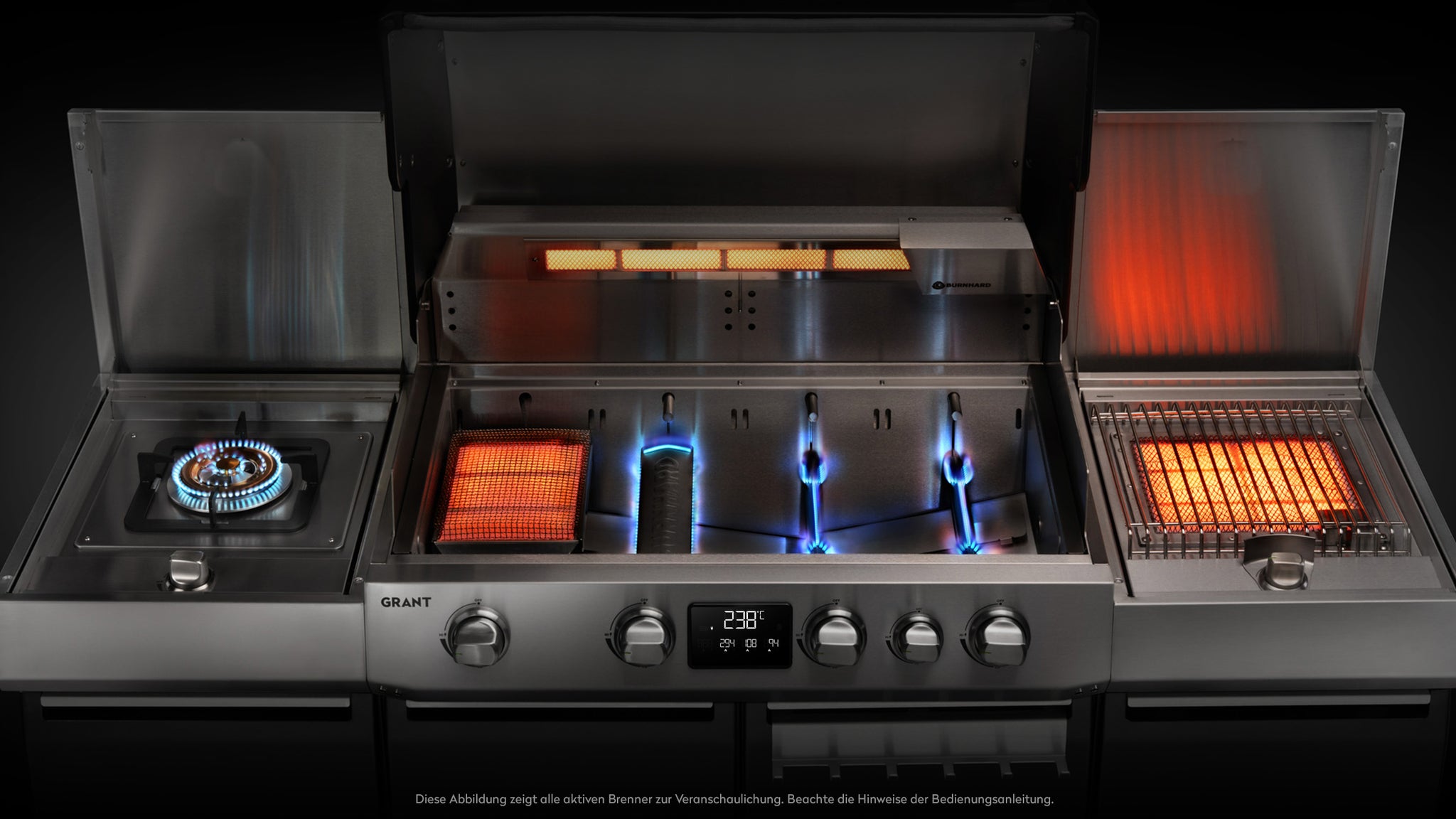 Detailbild Brennkammer mit Heckbrenner, Infrarot-Keramikbrenner, Longlife Premium-Gussbrenner und Edelstahl-Stabbrenner Detailbild Brennkammer mit Heckbrenner, Infrarot-Keramikbrenner, Longlife Premium-Gussbrenner und Edelstahl-Stabbrenner