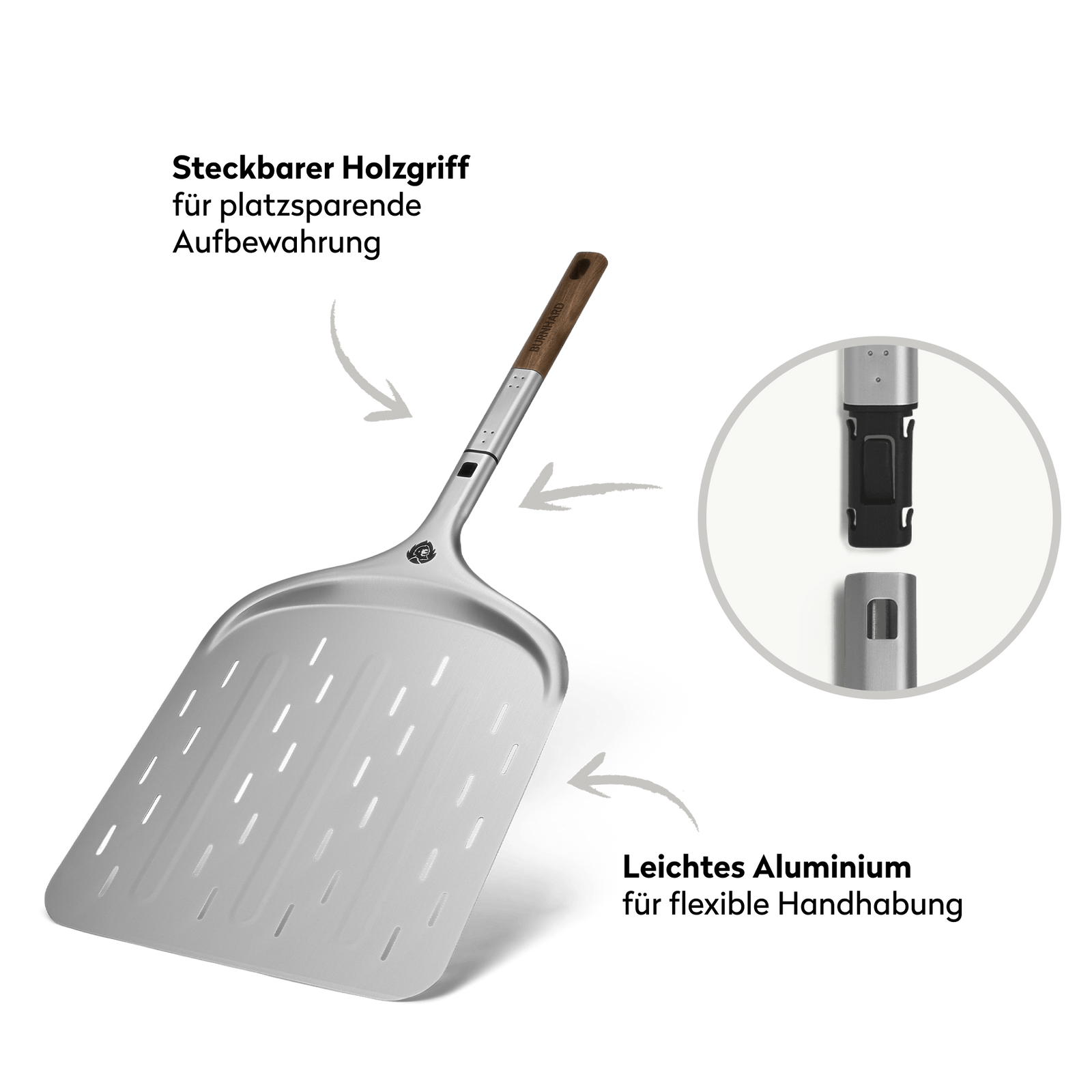 Pizzaschieber mit steckbarem Griff aus Aluminium Pizzaschieber mit steckbarem Griff aus Aluminium