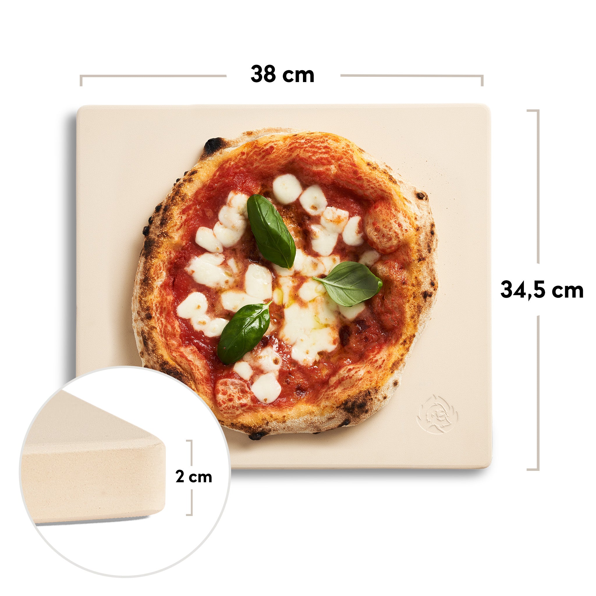 Draufsicht Cordierit Pizzastein mit Bemaßung Draufsicht Cordierit Pizzastein mit Bemaßung