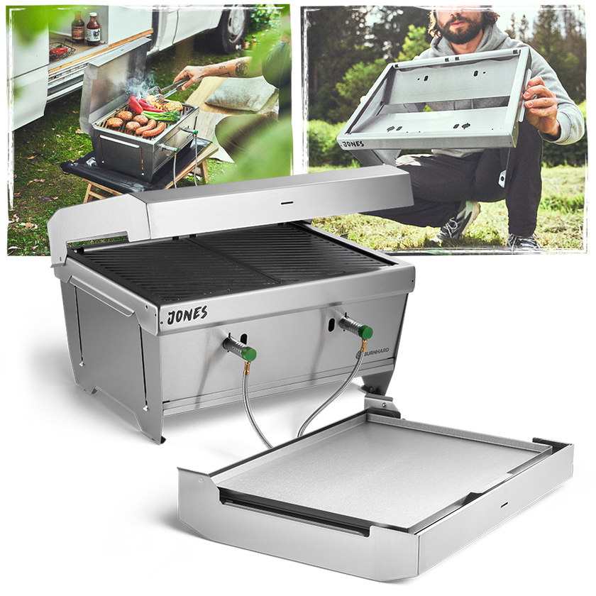 Kleine Gasgrills: JONES 2-Brenner Campinggrill mit Klappfunktion Kleine Gasgrills: JONES 2-Brenner Campinggrill mit Klappfunktion