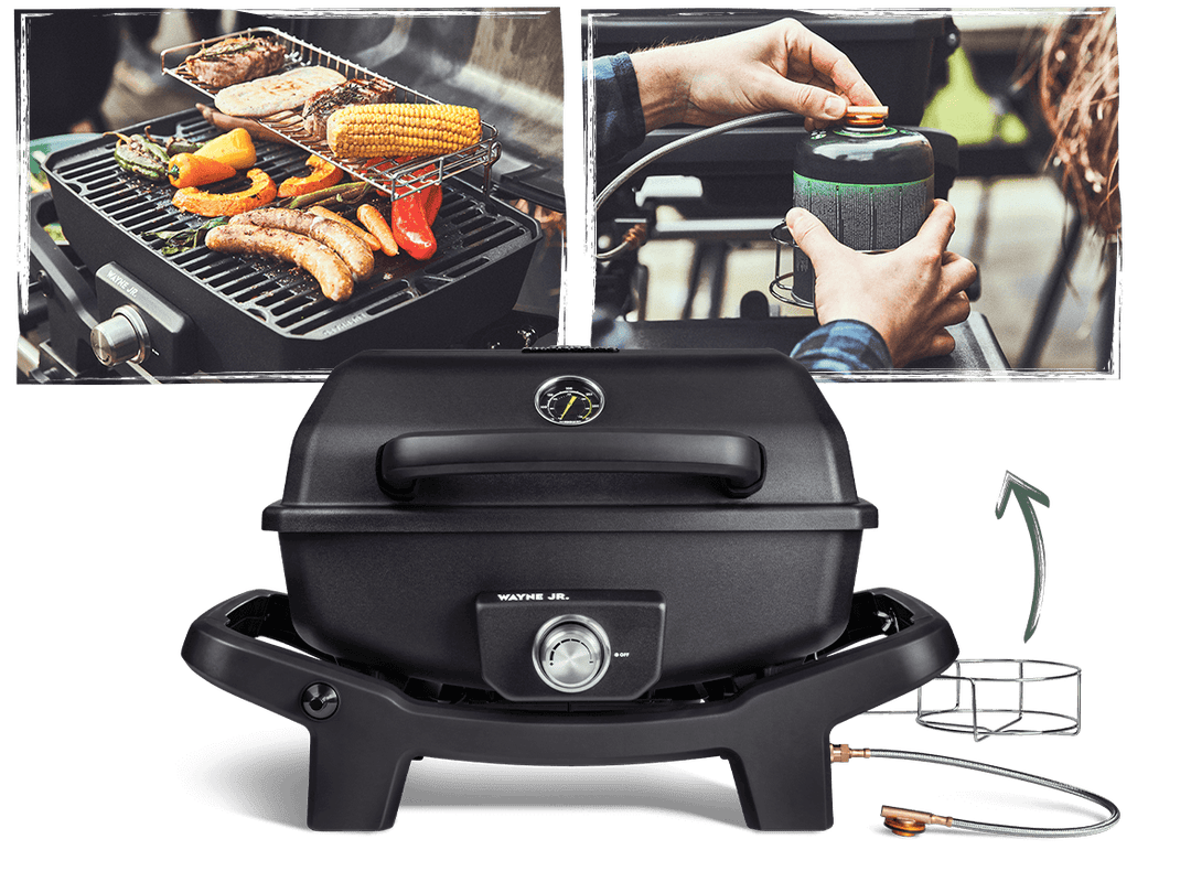 Kleine Gasgrills: WAYNE Jr. 1-Brenner Balkongrill mit Gaskartusche Kleine Gasgrills: WAYNE Jr. 1-Brenner Balkongrill mit Gaskartusche