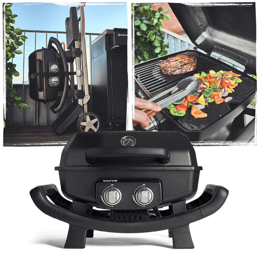 Kleine Gasgrills: WAYNE 2-Brenner Balkongrill mit 2 Grillzonen Kleine Gasgrills: WAYNE 2-Brenner Balkongrill mit 2 Grillzonen