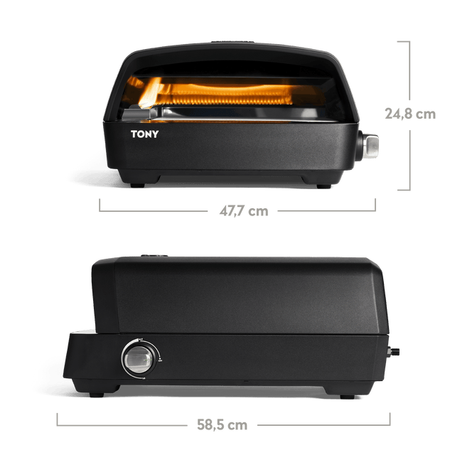 Pizzaofen frontal und von der Seite mit Bemaßung vor weißem Hintergrund +946480 Pizzaofen frontal und von der Seite mit Bemaßung vor weißem Hintergrund +946480