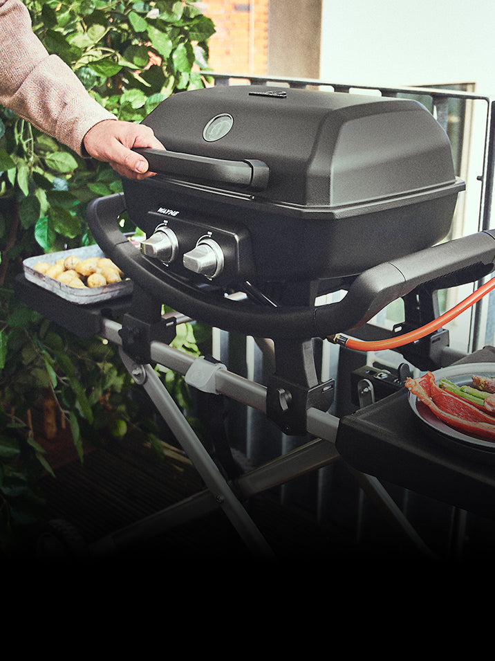 WAYNE Balkongrill 2-Brenner auf Rollwagen mit Grillgut