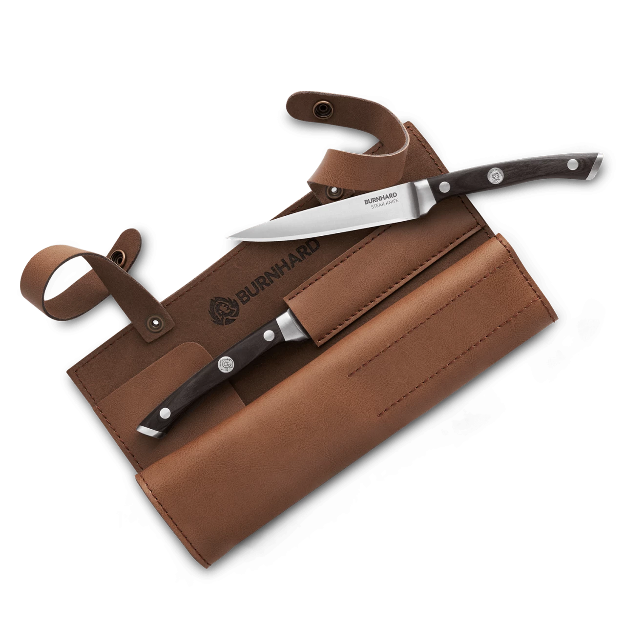 Draufsicht Steakmesser Set mit Leder-Tasche