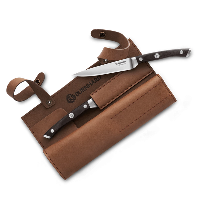 Draufsicht Steakmesser Set mit Leder-Tasche