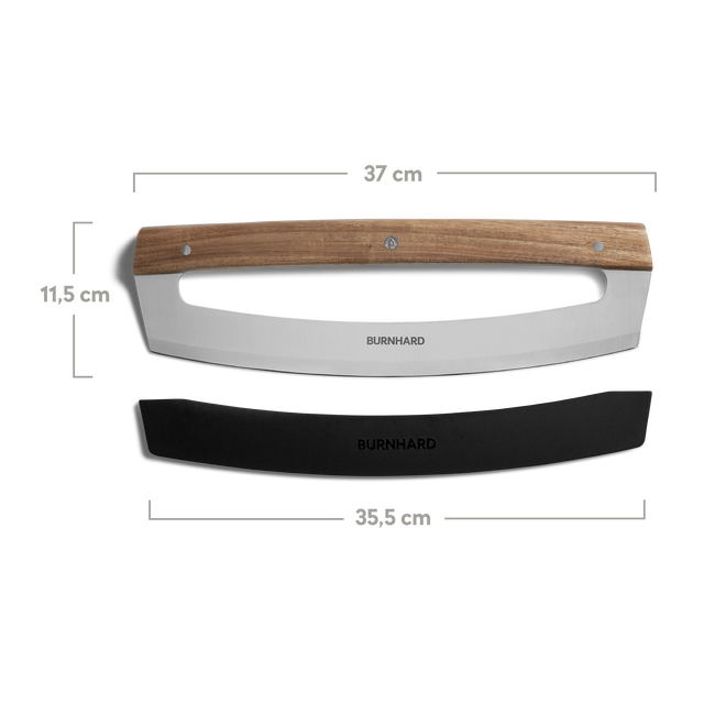 Draufsicht Pizza-Wiegemesser und Klingenschutz mit Maßen