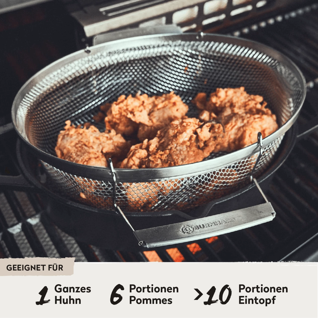 Gusseisenbräter mit Frittierkorb auf Grill geeignet für 1 ganzes Huhn, 6 Portionen Pommes oder über 10 Portionen Eintopf