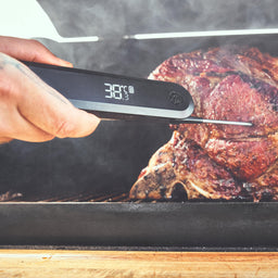 Grillszene FLeischtemperatur-Messung mit Einstich-Thermometer 