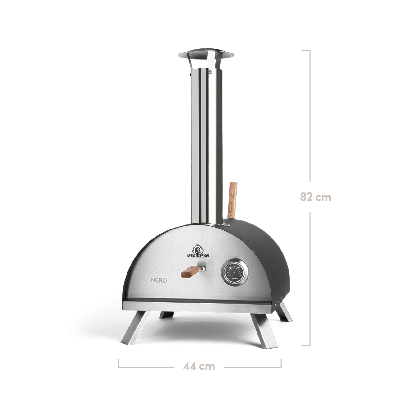 Pizzaofen NERO mit Maßen 44 cm breit und mit Schornstein 82 cm hoch