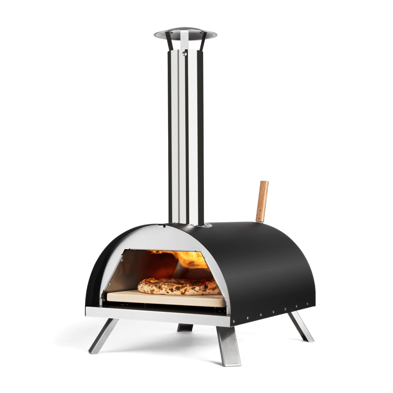Pizzaofen NERO seitlich mit Pizza im Inneren