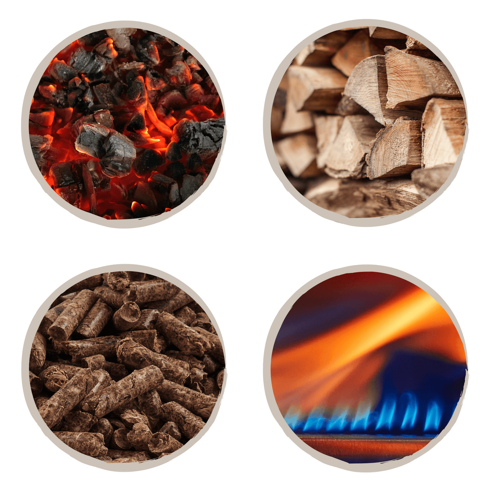 Brennmittel-Optionen Kohle, Holzscheite, Pellets oder Gas