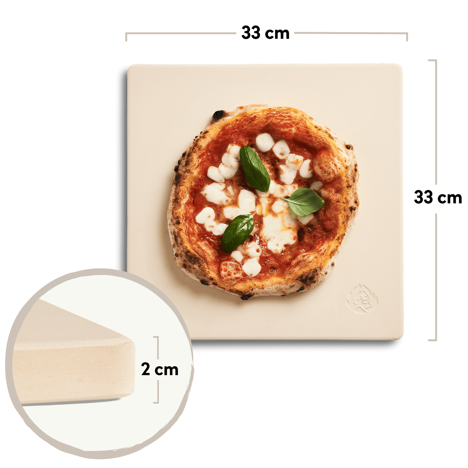 Cordierit Pizzastein mit 33 x 33 cm bei 2 cm Stärke