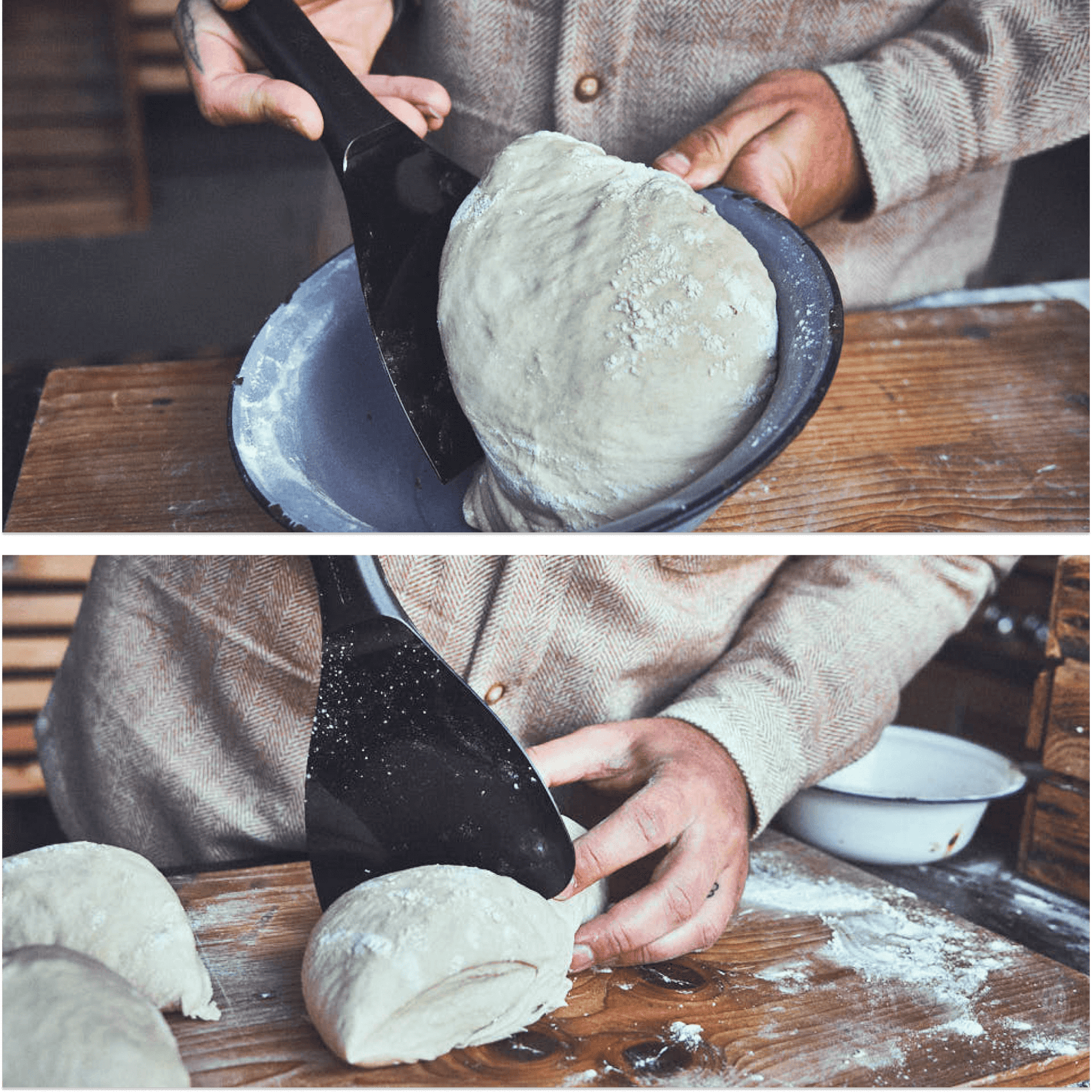 Backstubenszene Pizzateig wird aus Schüssel entnommen und mit der Kante vom Teigspachtel zerteilt