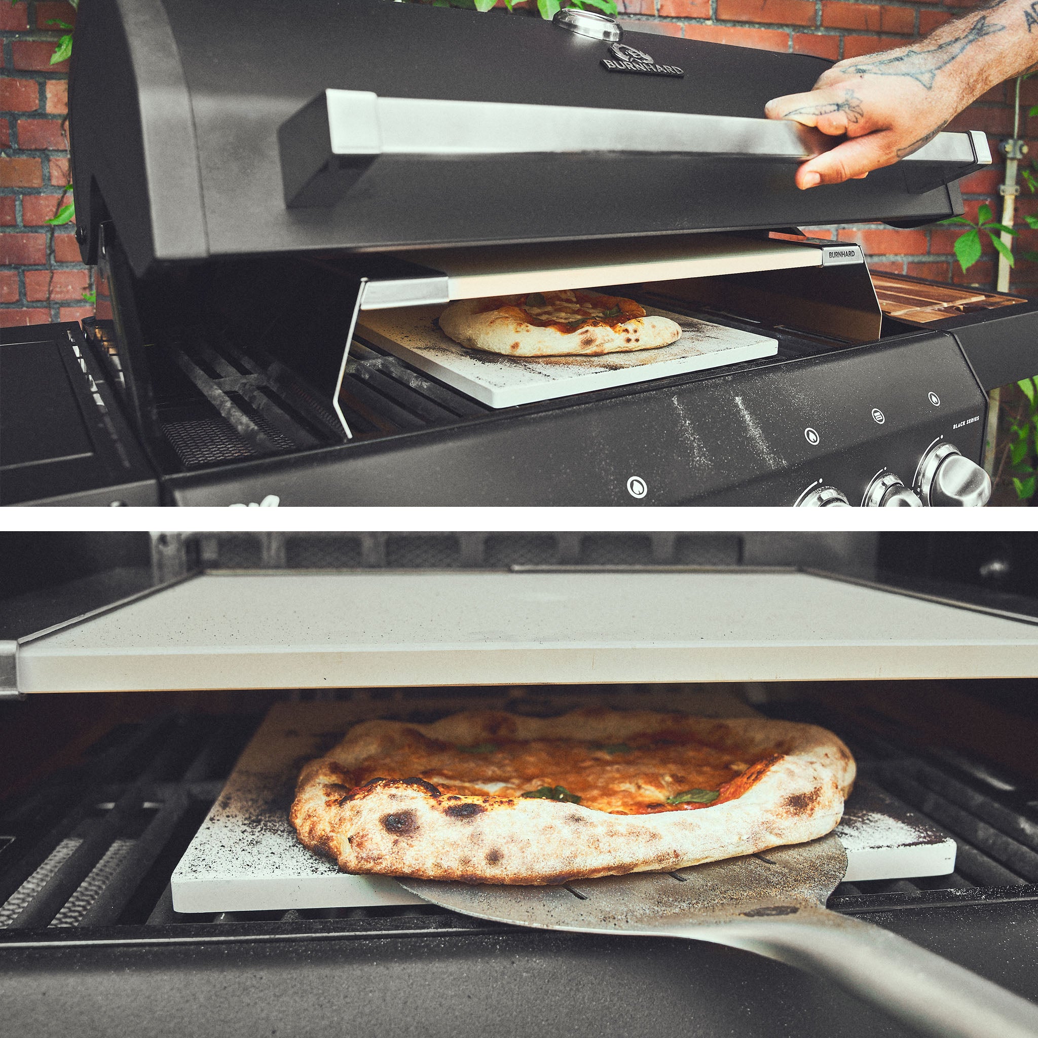 Grillszenen, Pizzaaufsatz in BURNHARD Gasgrill mit geschlossenem Deckel und Pizza-Entnahme vom Pizzastein