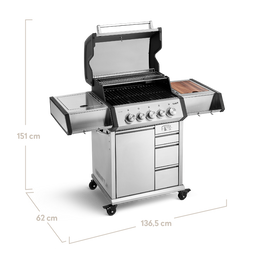 EARL Premium-Gasgrill 3-Brenner seitlich mit geöffnetem Deckel mit Maßen: Länge 136,5 cm Höhe 151 cm Tiefe 62 cm + 946476