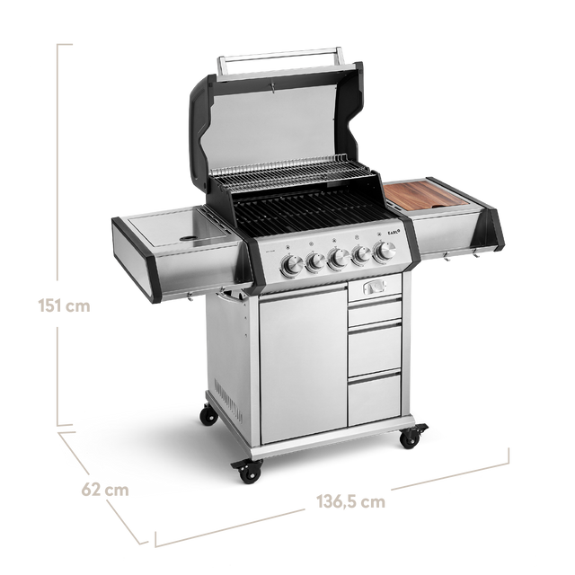 EARL Premium-Gasgrill 3-Brenner seitlich mit geöffnetem Deckel mit Maßen: Länge 136,5 cm Höhe 151 cm Tiefe 62 cm + 946476