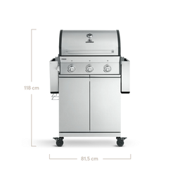 FRED Gasgrill 3-Brenner Basic frontal mit eingeklappten Seitentischen und Maßen