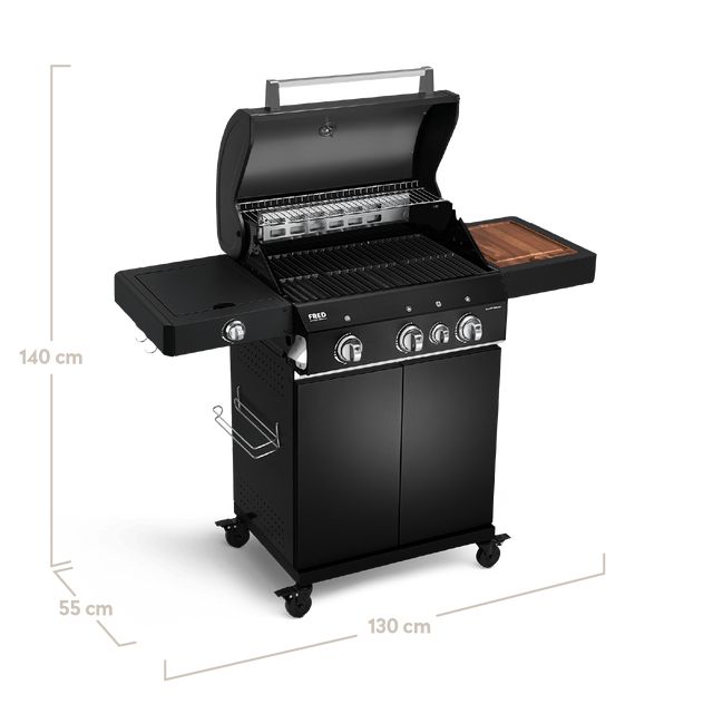 946473 945517_945967 FRED Deluxe 3-Brenner Black Edition geöffnet seitlich mit Bemaßungen (130 x 55 x140 cm)