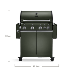 945638, 946140 Gasgrill Green Edition mit eingeklappten Seitentischen und geschlossenem Deckel, frontal vor weißem Hintergrund