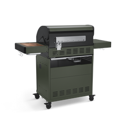 945638, 946140 Gasgrill Green Edition Rückansicht vor weißem Hintergrund mit geschlossenem Deckel und ausgeklappten Seitentischen, grüne Pulverbeschichtung