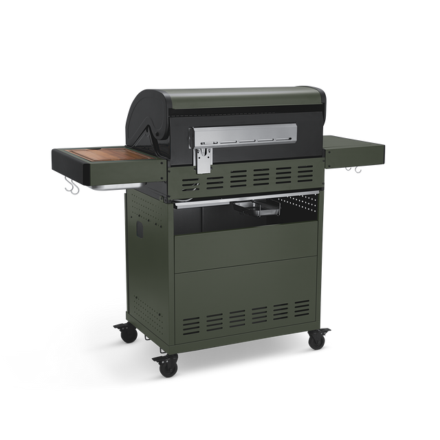 945638, 946140 Gasgrill Green Edition Rückansicht vor weißem Hintergrund mit geschlossenem Deckel und ausgeklappten Seitentischen, grüne Pulverbeschichtung