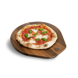Pizzabrett mit Pizza seitlich