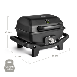 945961_946648 945961 WAYNE Jr. Balkongrill seitlich vor weißem Hintergrund mit Bemaßung (58 x 43 x 35,4 cm)  und Gewichtsangabe (10,5 kg)