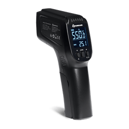 Infrarot-Thermometer seitlich vor weißem Hintergrund