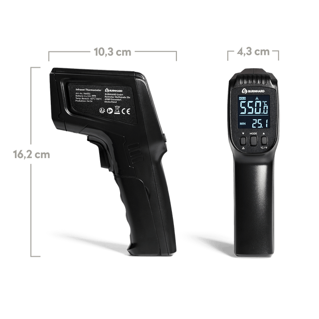 946406, Infrarot-Thermometer frontal und seitlich mit Bemaßung vor weißem Hintergrund