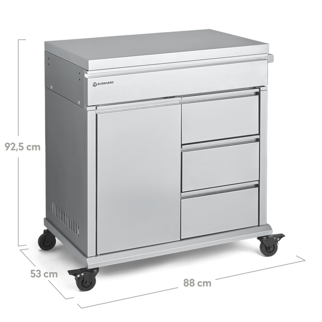 946338 Grill Beistellwagen seitlich mit Bemaßungen vor weißem Hintergrund