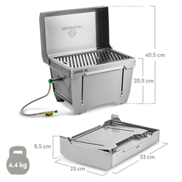 Burnhard JONES Jr. 1-Brenner Klappgrill Maße aufegklappter Deckel 40,5 cm Höhe und zugeklappter Deckel 27,5 cm Höhe, zusammengeklappt 23 x 33 x 8,5 cm, Gewicht 4,4 kg